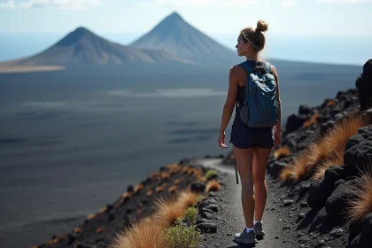 Jeune femme en randonnée sur le volcan Piton de la Fournaise