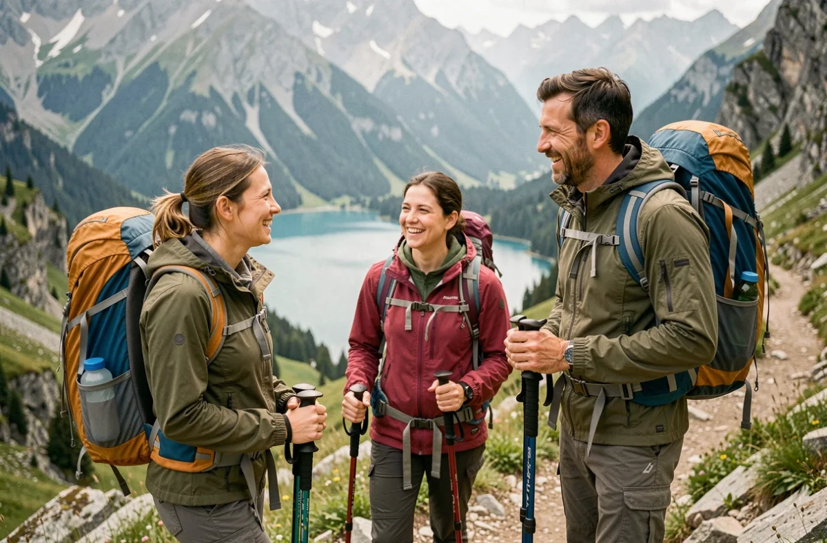 Groupe de randonneurs adultes sur le sentier de montagne avec vue sur le lac d'Oeschinen en contrebas en été