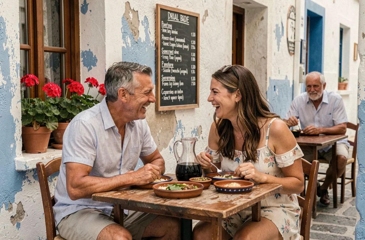 Couple partageant un repas traditionnel dans une taverne locale authentique d'une île grecque loin des circuits touristiques