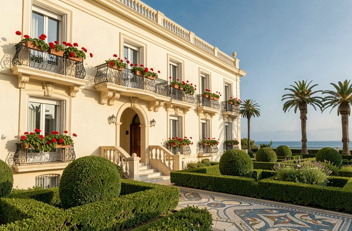 Résidence Aintzira à Biarritz, villa Belle Époque avec façade crème, balcons en fer forgé et vue sur l'Atlantique