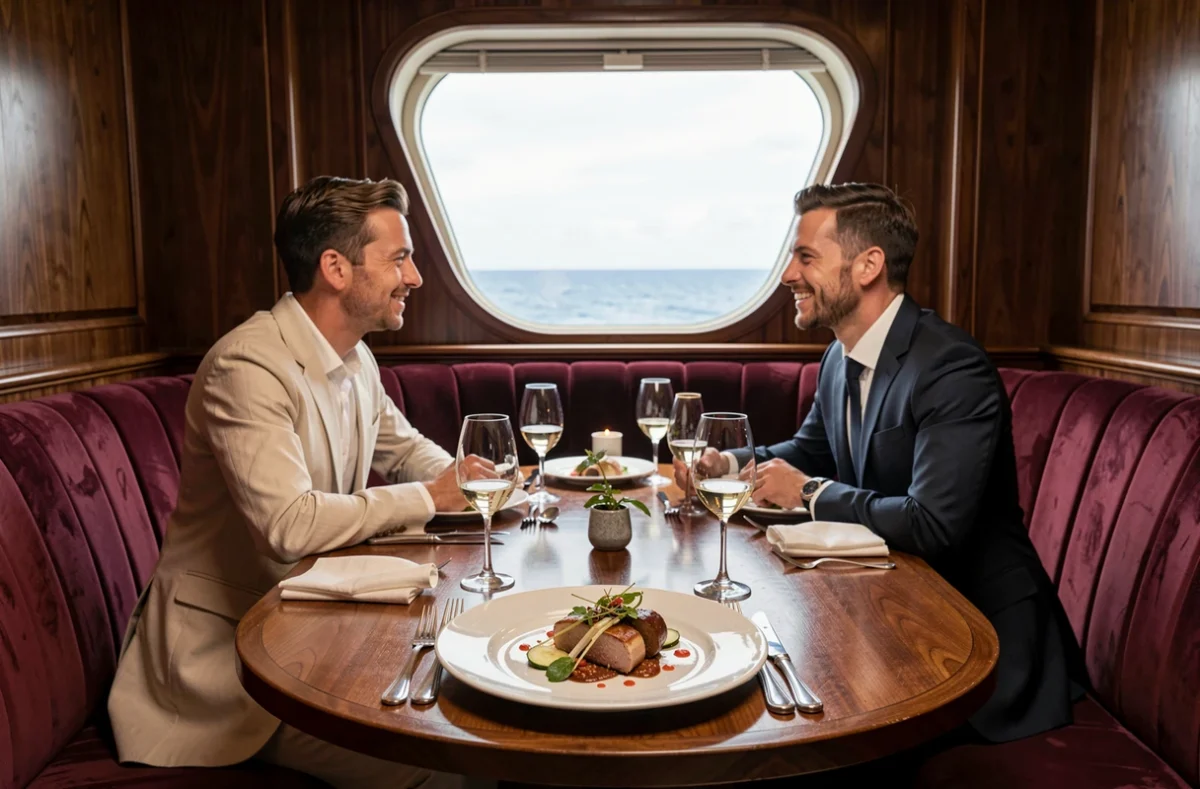 Restaurant gastronomique à bord d'un navire Virgin Voyages avec dîner et décoration intérieure haut de gamme