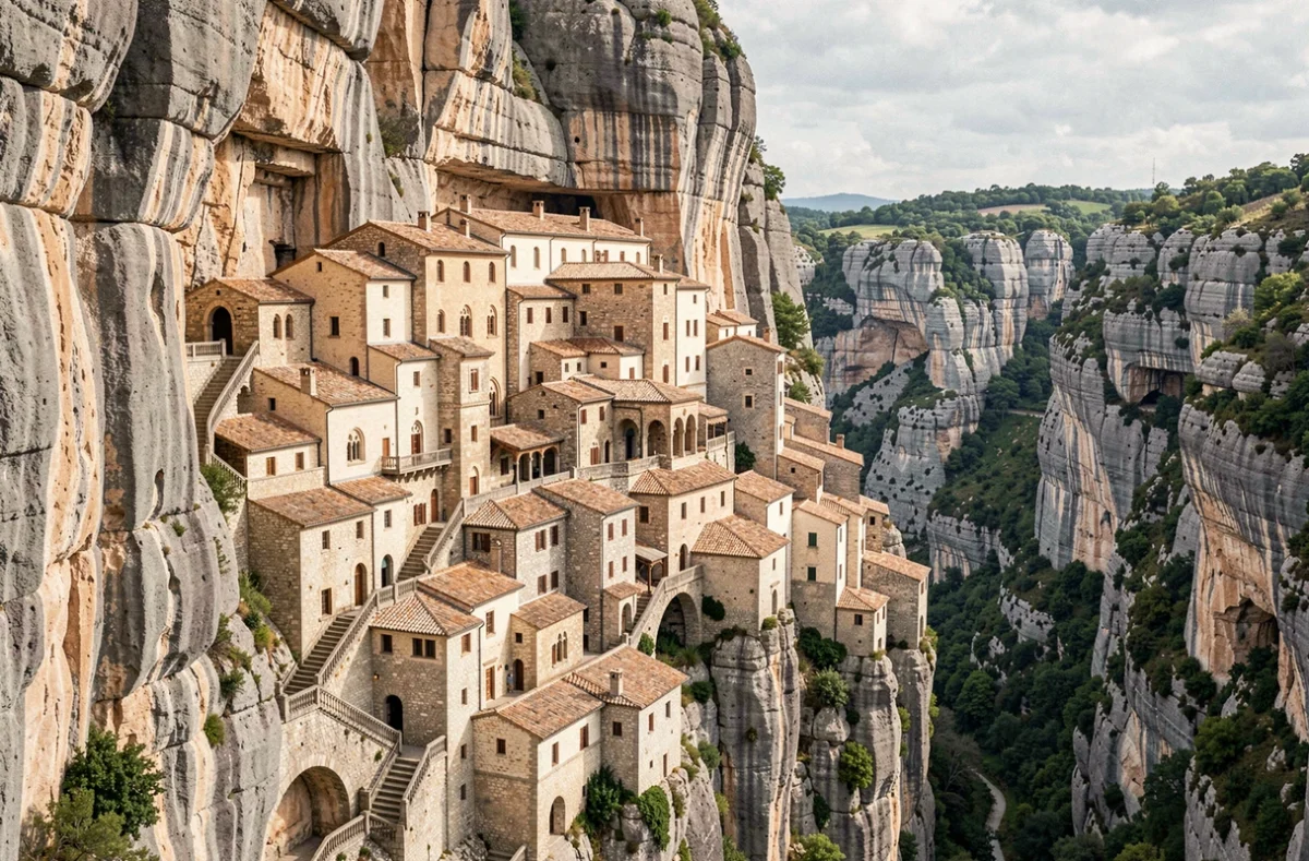 La cité de pèlerinage de Rocamadour accrochée à la falaise calcaire verticale avec ses chapelles et sanctuaires étagés au-dessus du canyon