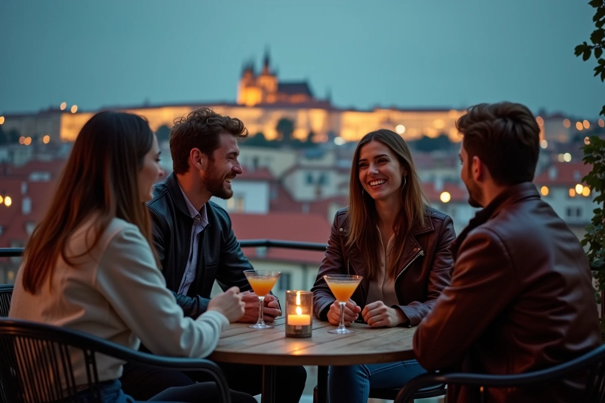 Bar en rooftop à Prague avec vue sur les toits et l'ambiance animée du quartier Vinohrady le soir