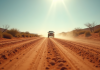 Route poussiereuse en Namibie avec SUV en marche