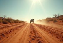 Route poussiereuse en Namibie avec SUV en marche