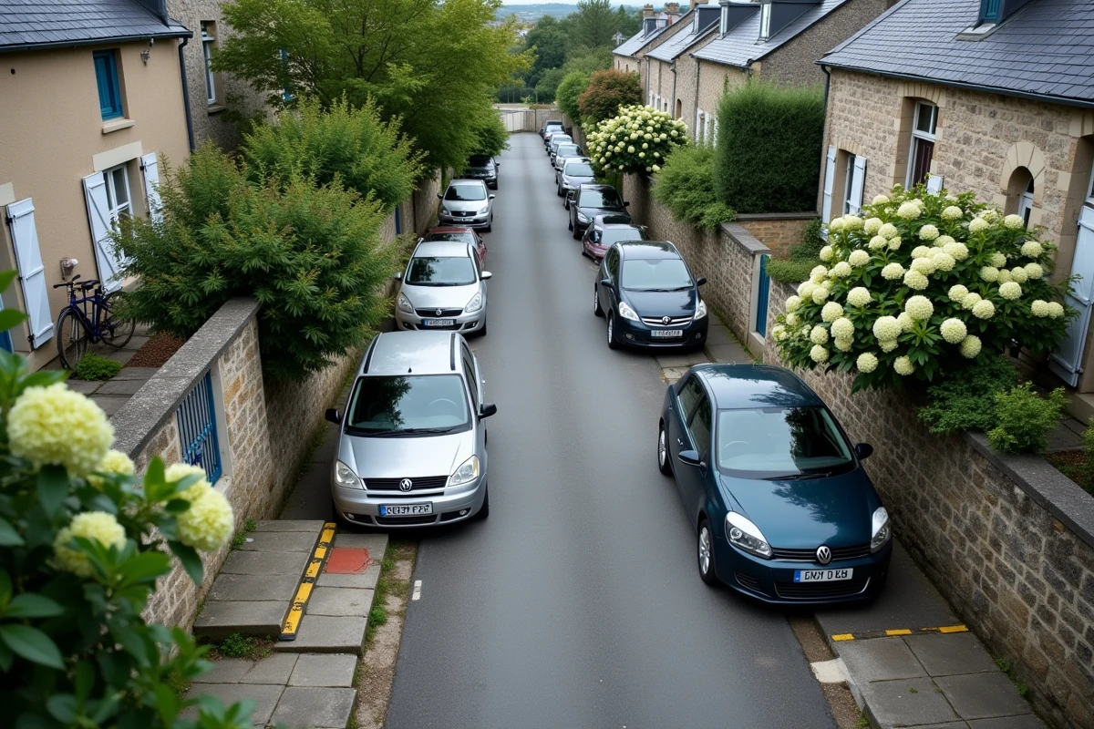 Vue en hauteur d'une rue résidentielle avec voitures garées et panneau d'accès à la plage de Conleau dans un quartier de Vannes