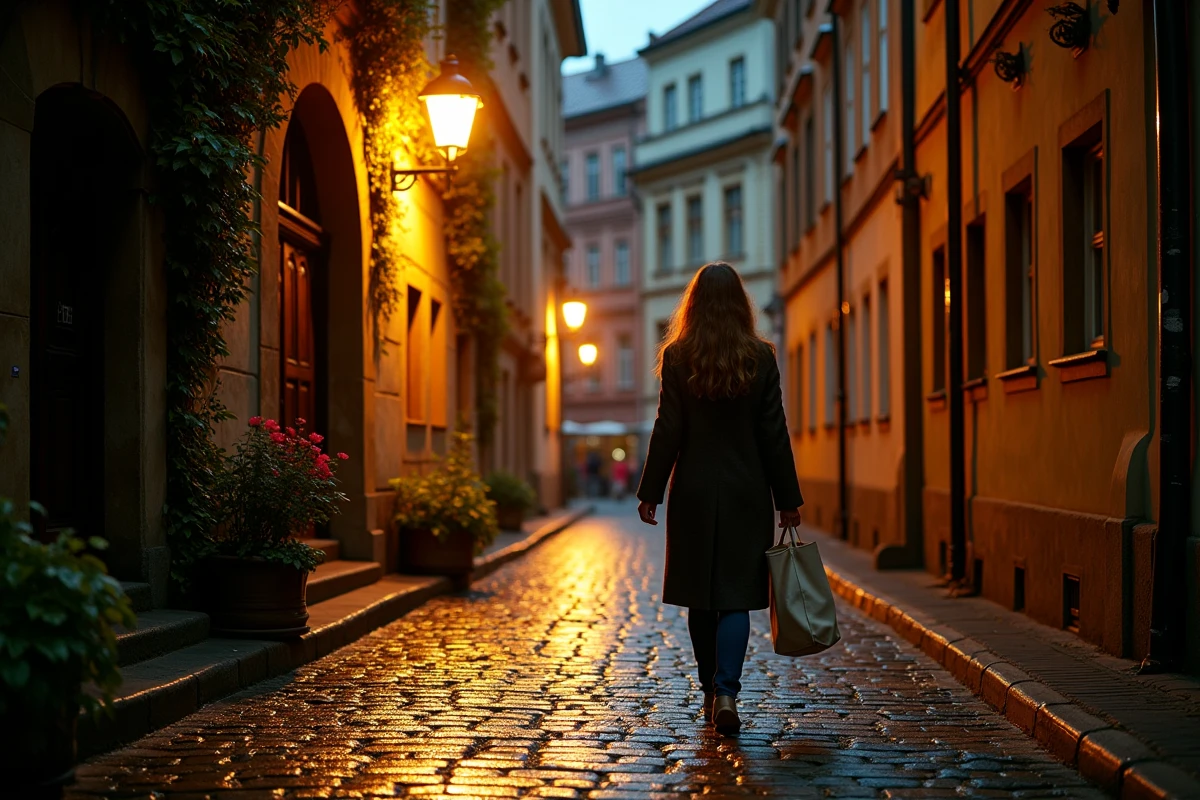 Ruelle pavée et mouillée de Malá Strana à Prague la nuit avec lanterne dorée et atmosphère mystérieuse