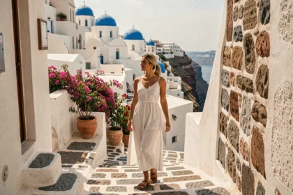 Femme en robe blanche dans une ruelle de Oia à Santorin avec vue sur les dômes bleus et la caldeira