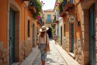 Ruelle pavée de la vieille ville d'Héraklion avec une voyageuse explorant les boutiques artisanales locales hors des sentiers touristiques