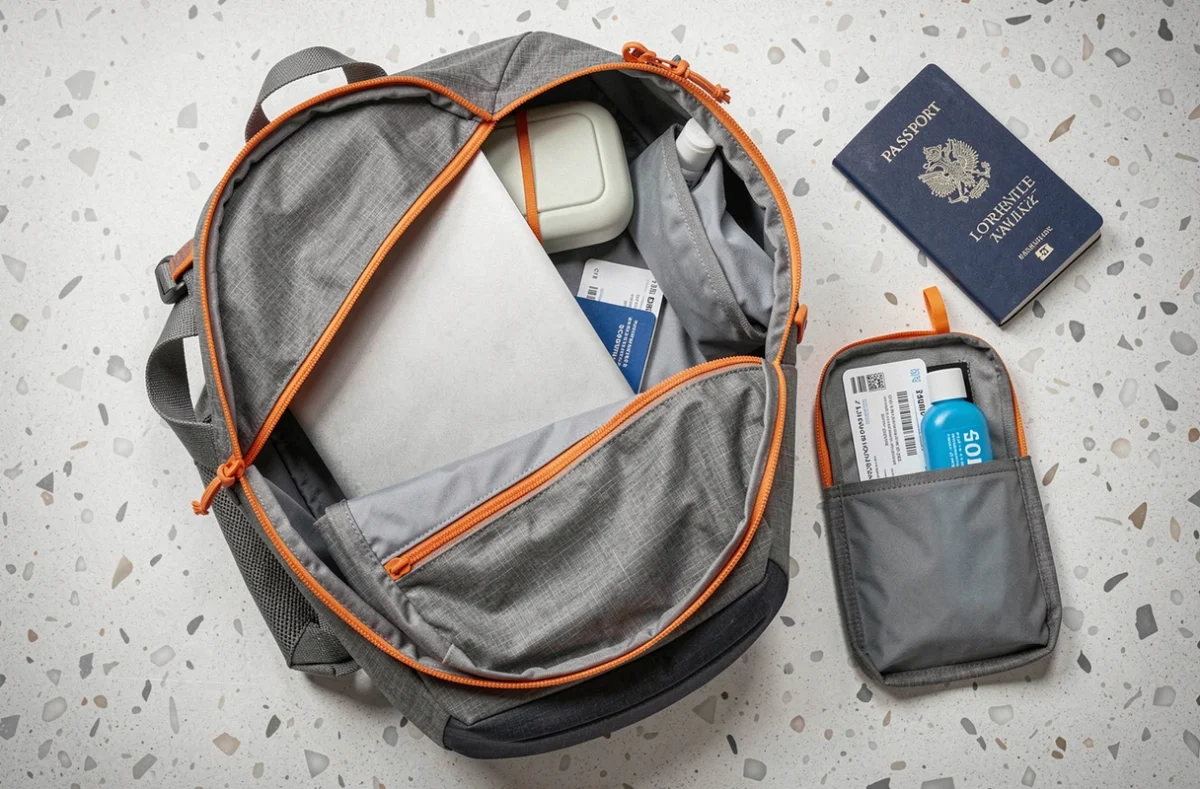 Sac à dos de voyage 40 litres ouvert avec organisation intérieure pour vol en bagage cabine uniquement