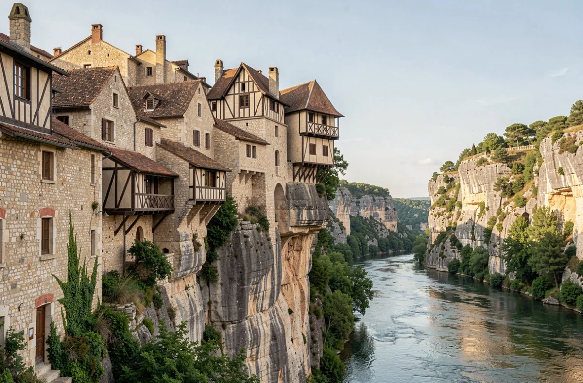 Le village de Saint-Cirq-Lapopie suspendu sur la falaise calcaire au-dessus de la vallée du Lot, maisons médiévales en pierre et colombages