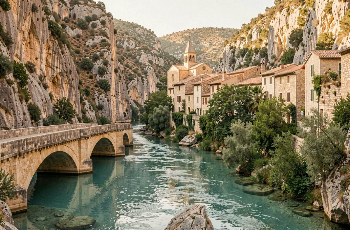 Le village de Saint-Guilhem-le-Désert dans les gorges de l'Hérault avec le clocher roman de l'abbaye de Gellone et la rivière turquoise au premier plan