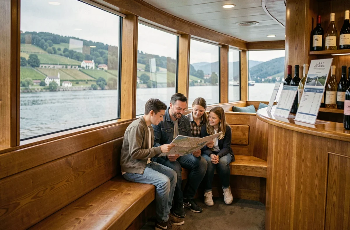 Salon intérieur d'un bateau de croisière sur le lac Léman avec vue panoramique sur les vignobles