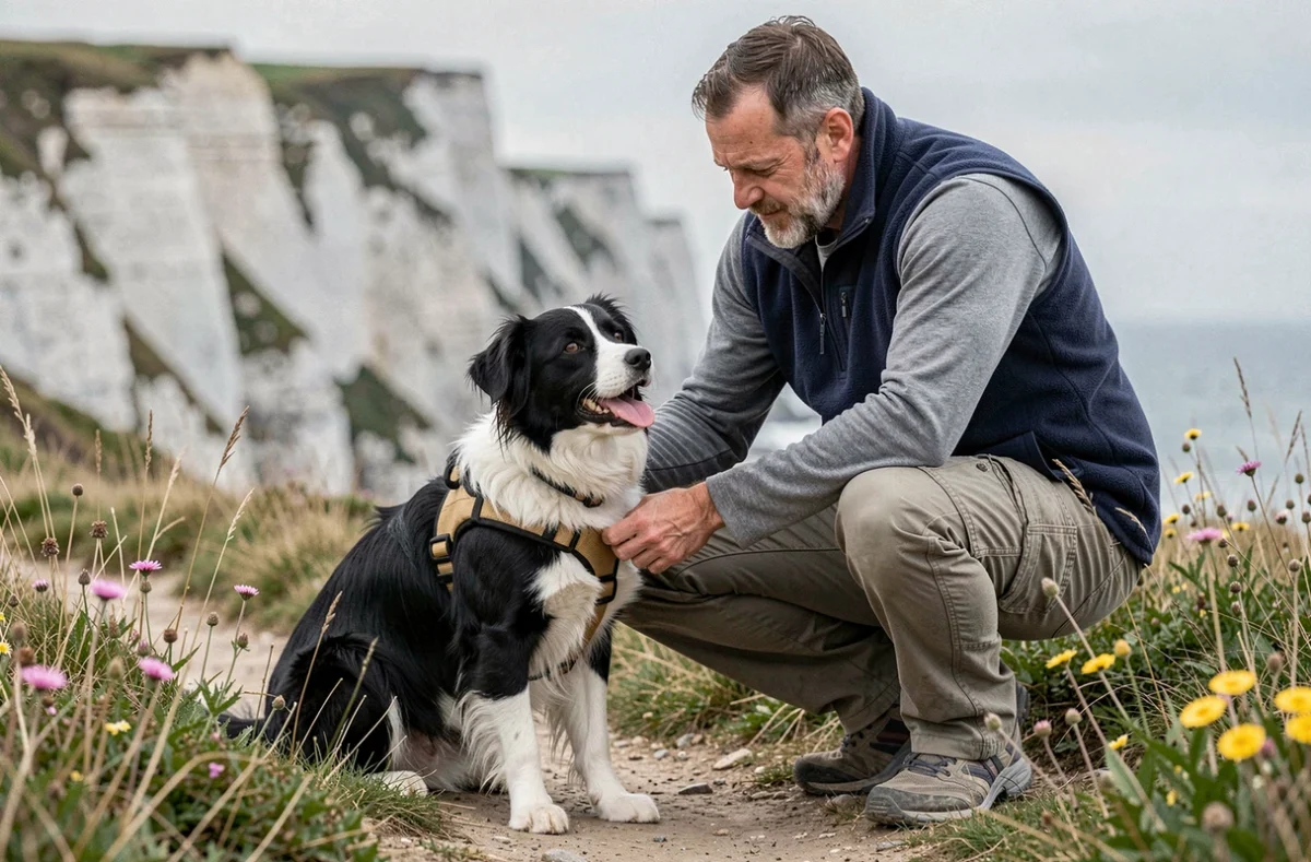 Homme vérifiant le harnais de son border collie avant une randonnée sur les falaises d'Ault, geste de sécurité recommandé pour les chiens en bord de falaise