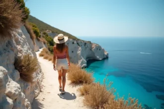Randonneuse observant une crique cachée depuis un sentier côtier sur l'île de Chalki en Grèce