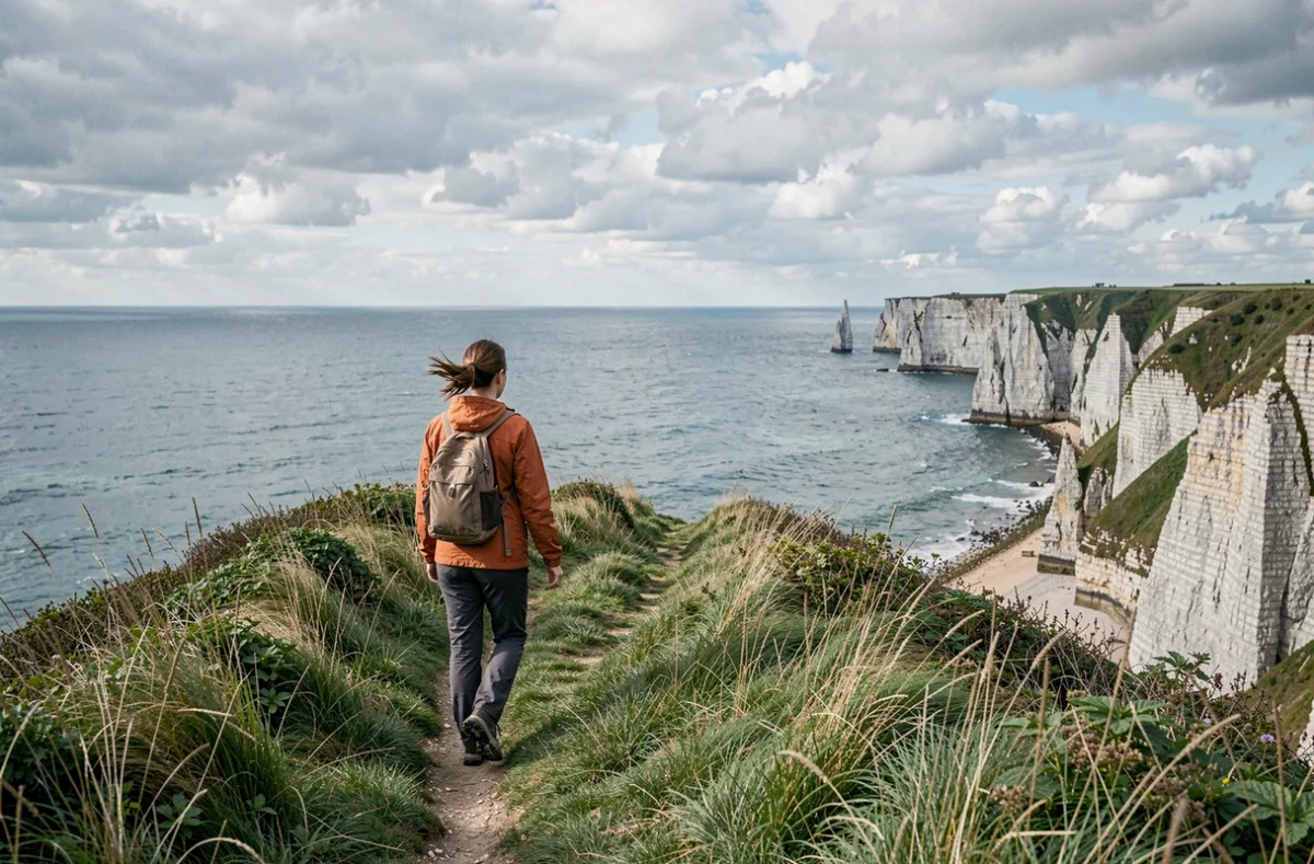 Sentier côtier en herbe sur les falaises de la Côte d'Albâtre avec une randonneuse en veste orange et vue panoramique sur la mer