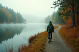 Randonneur sur le sentier du tour du lac de Gérardmer en automne avec reflets dorés sur l'eau