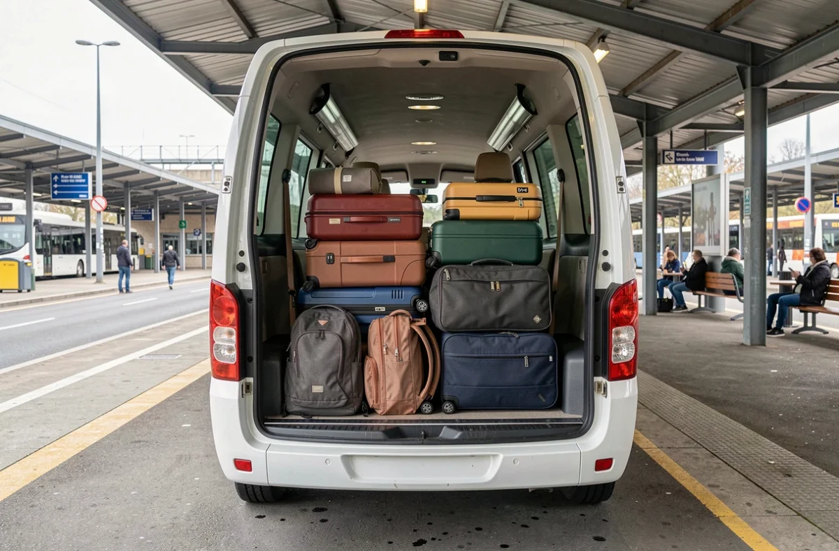 Soute ouverte d'un autocar remplie de valises et de sacs