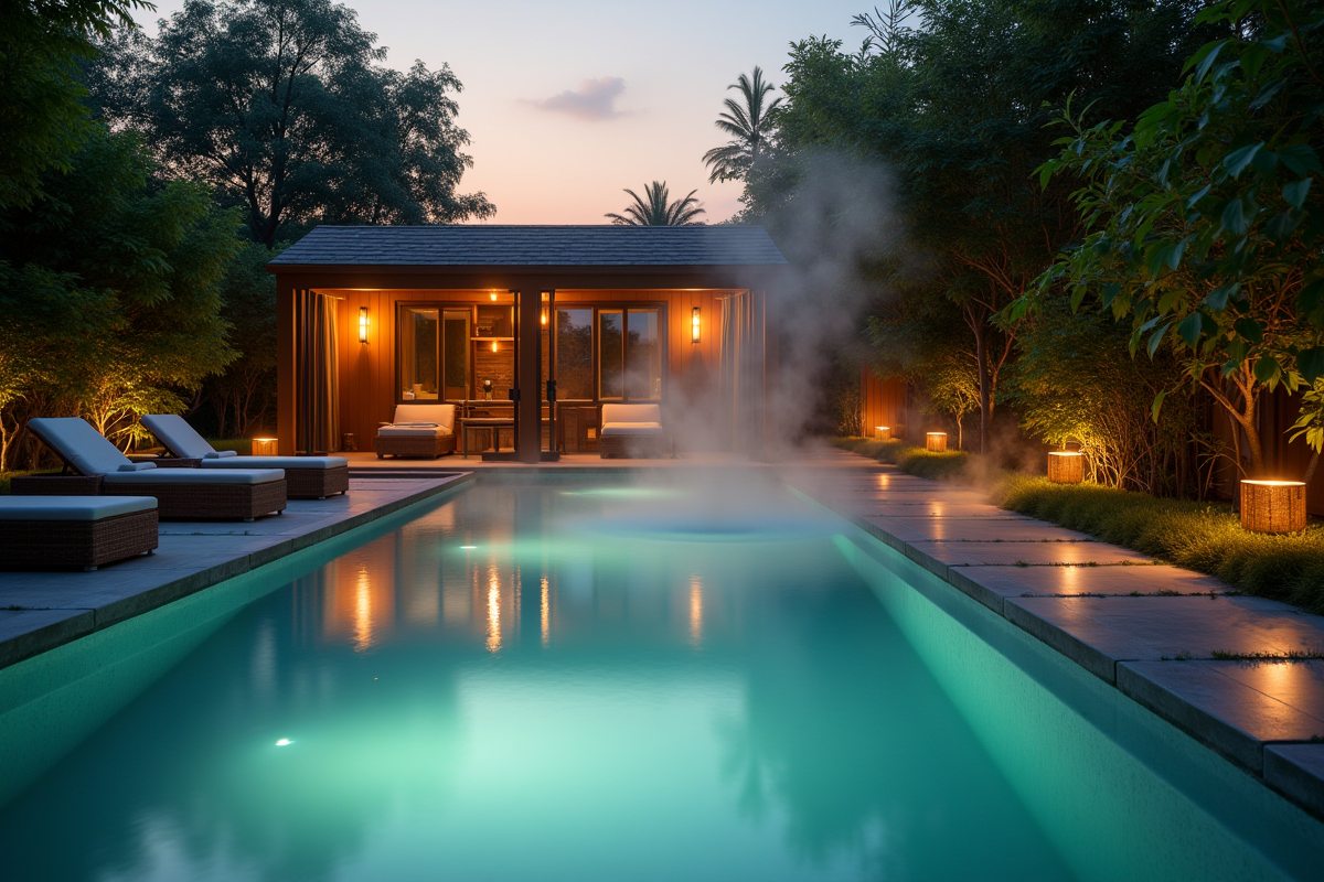 Espace spa extérieur au crépuscule avec piscine éclairée
