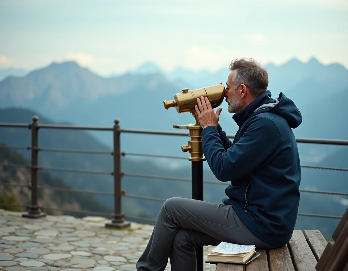 Homme utilisant un télescope panoramique sur la plateforme de la Tour de Piz avec vue sur les Alpes