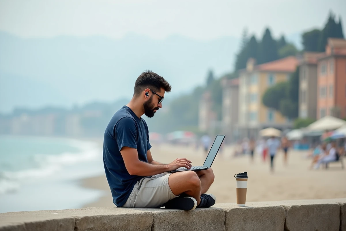Homme en télétravail assis sur un muret face à la mer à Pise, ordinateur posé sur les genoux et café à portée de main