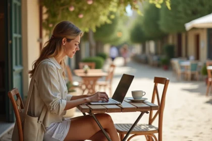 Femme en télétravail sur une terrasse de café près de la plage de Pise, ordinateur portable et espresso sur une table en bois