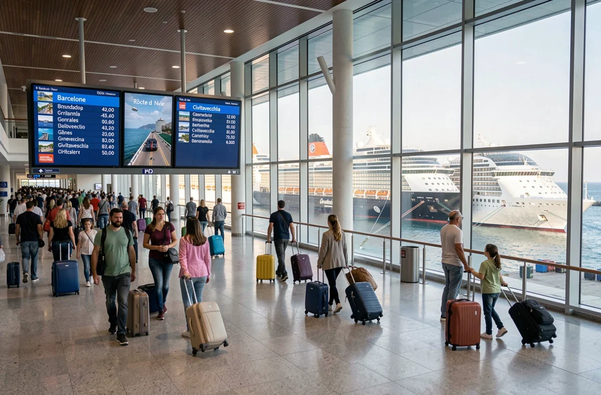 Terminal de croisière de Nice avec voyageurs et tableau des destinations méditerranéennes et prix