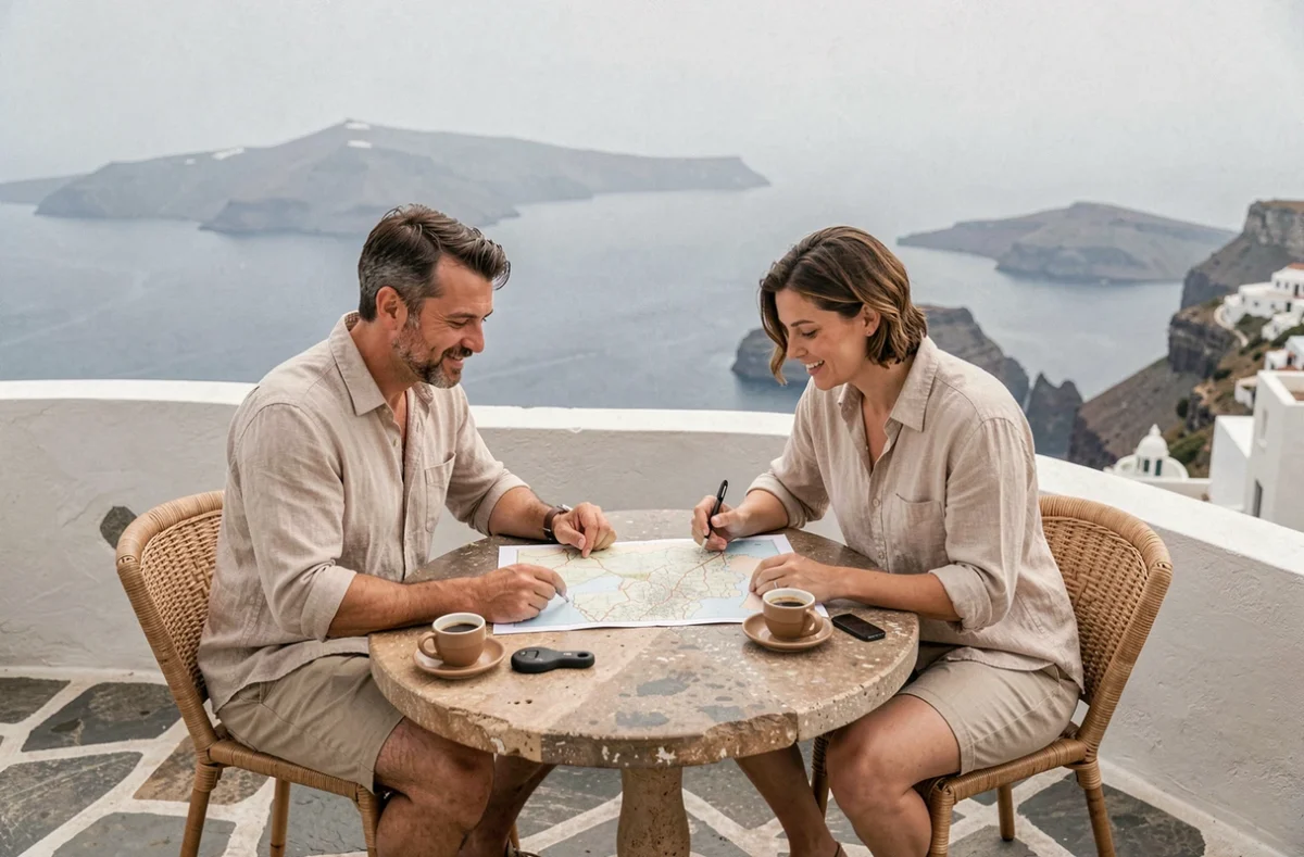 Couple consultant une carte sur une terrasse d'hôtel à Fira avec panorama sur la caldeira de Santorin