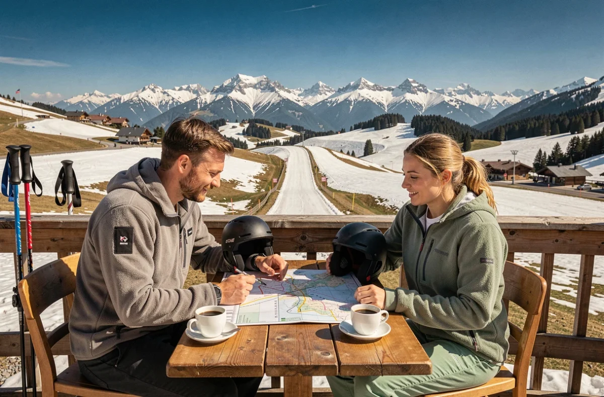 Deux amis sur une terrasse de restaurant d'altitude à La Plagne comparant les forfaits ski au printemps avec vue sur les pistes