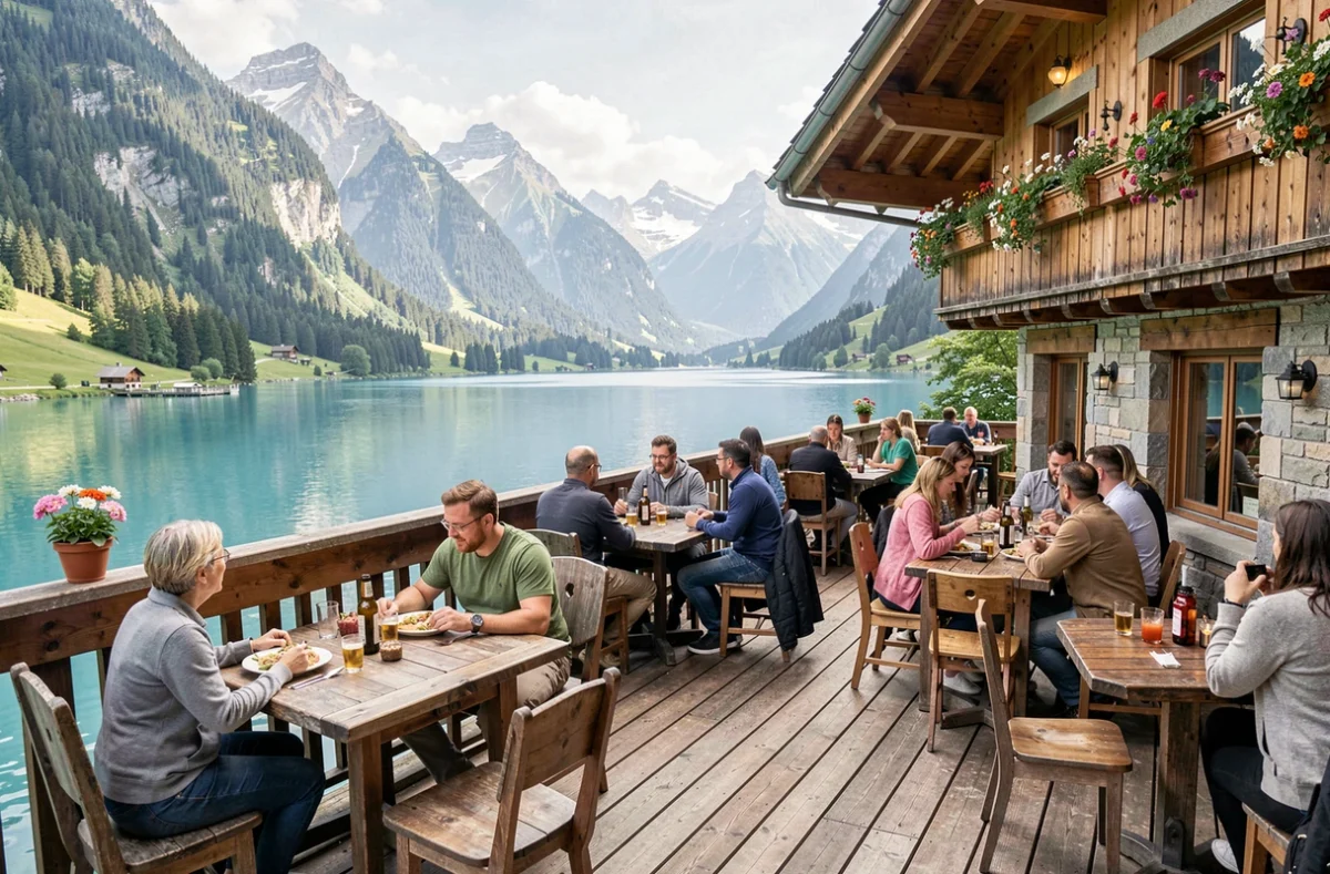 Terrasse en bois d'un chalet restaurant traditionnel suisse au bord du lac d'Oeschinen avec vue sur les montagnes en été