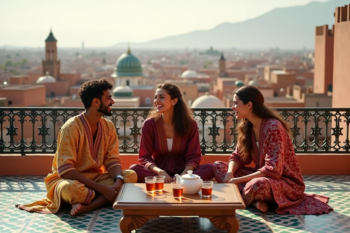 Groupe d'amis en kaftan sur une terrasse avec vue sur les toits de Marrakech et l'Atlas, parfait pour Instagram Maroc