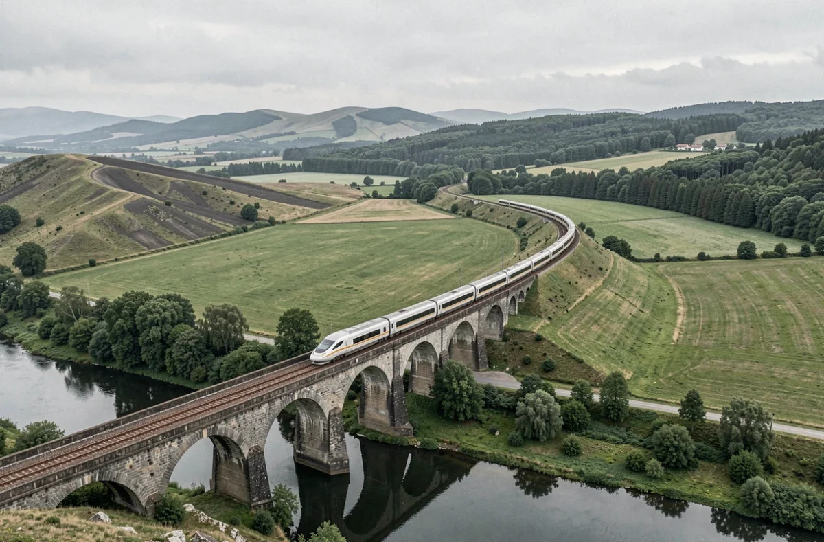Train TGV traversant un viaduc en pierre dans le paysage volcanique de l'Auvergne, voyage ferroviaire écoresponsable en France