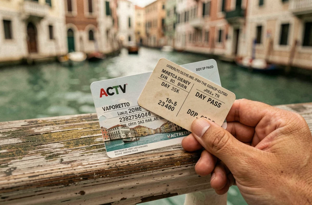 Ticket de Vaporetto ACTV et passe journalier tenus à la main sur un quai de Venise