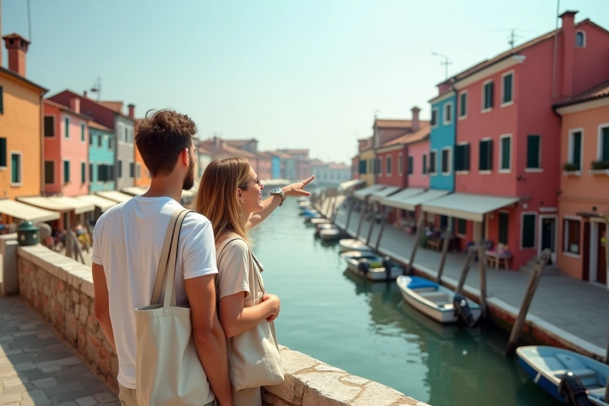 Couple de touristes sur un pont découvrant le canal coloré de l'île de Burano à Venise