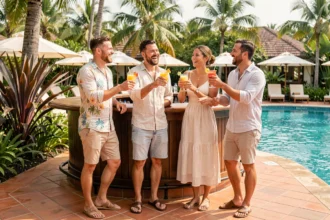Groupe d'amis en vacances tout compris profitant d'un bar au bord de la piscine dans un resort tropical