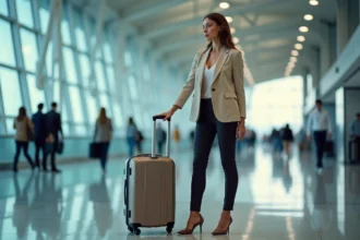 Femme voyageant avec une valise cabine rigide de 15 kg dans un terminal d'aéroport moderne