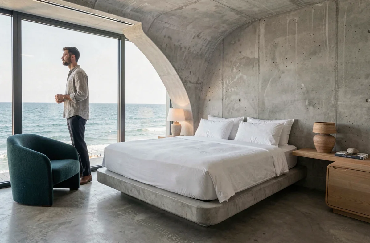 Chambre design épurée du Vertime aux Sables-d'Olonne, homme regardant l'Atlantique depuis une baie vitrée avec lit bas en lin blanc et fauteuil teal