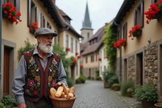 Homme age en costume traditionnel dans un village alsacien