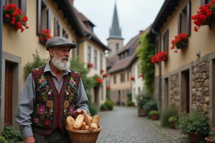 Homme age en costume traditionnel dans un village alsacien