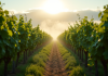 Vignes en Bourgogne au matin avec brume et soleil