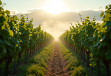 Vignes en Bourgogne au matin avec brume et soleil