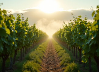 Vignes en Bourgogne au matin avec brume et soleil