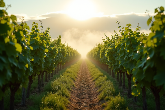 Vignes en Bourgogne au matin avec brume et soleil