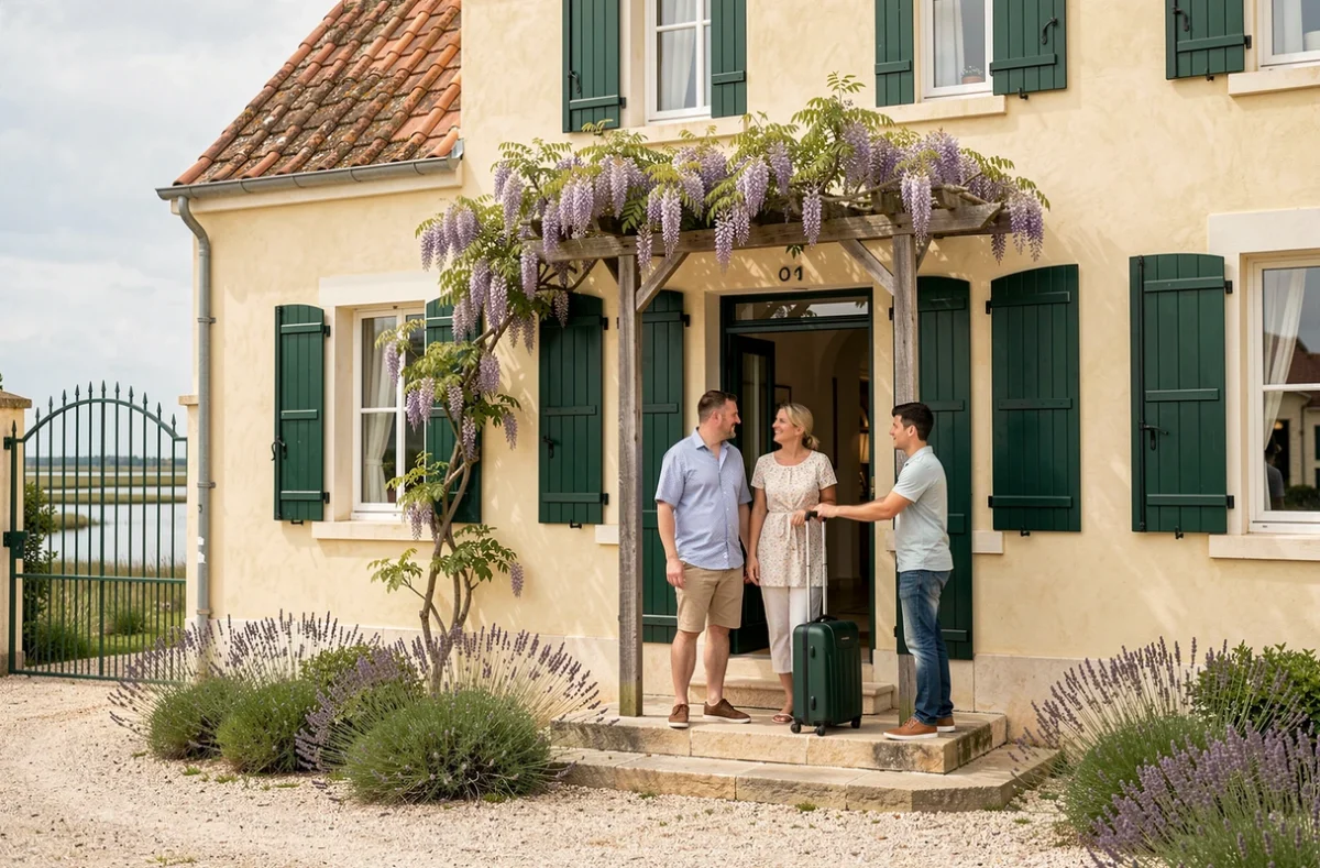 Façade jaune pâle de la Villa Arthus-Bertrand à Noirmoutier avec glycine en fleurs, volets verts et couple arrivant avec bagages accueilli par un membre du personnel