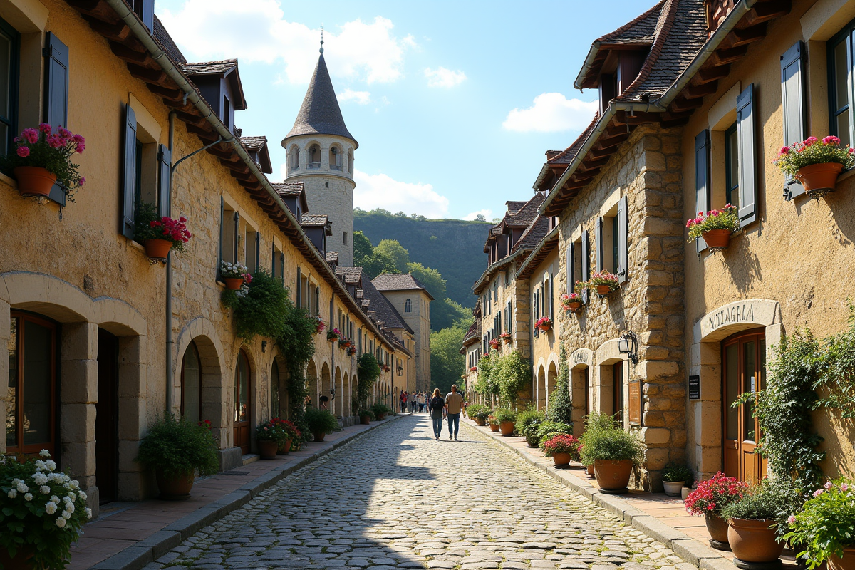 Village ancien de Bourgogne avec église et maisons colorées
