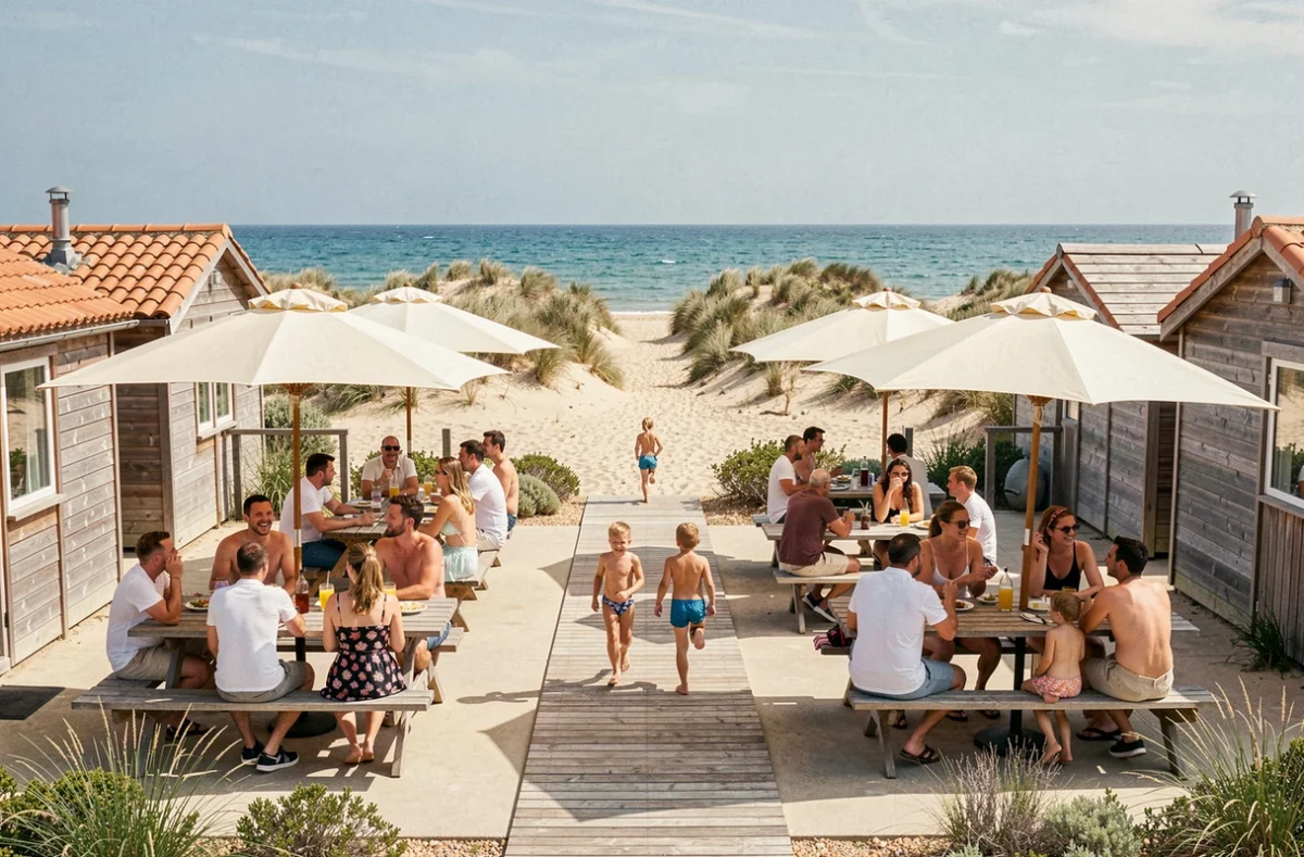 Terrasse animée du Village Vacances le Vent du Large sur la côte vendéenne, familles en tenue de plage autour de tables en bois avec dune et Atlantique en arrière-plan