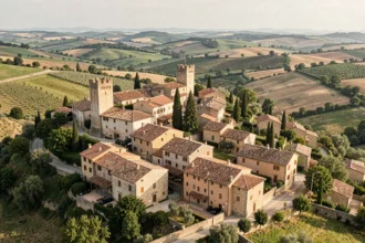 Vue panoramique sur un village médiéval en pierre d'Occitanie avec toits en tuiles et vallée verdoyante en arrière-plan
