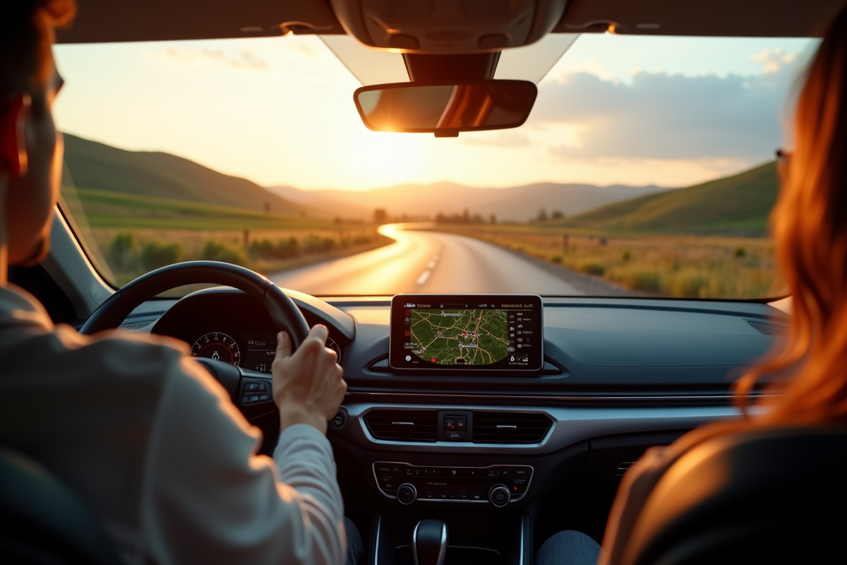 Voiture moderne sur une route de campagne au coucher du soleil