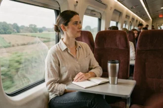 Femme voyageant en train TGV en France, regard tourné vers le paysage verdoyant par la fenêtre, voyage écoresponsable