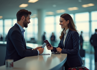 Voyageur souriant avec passeport d'urgence à l'aéroport